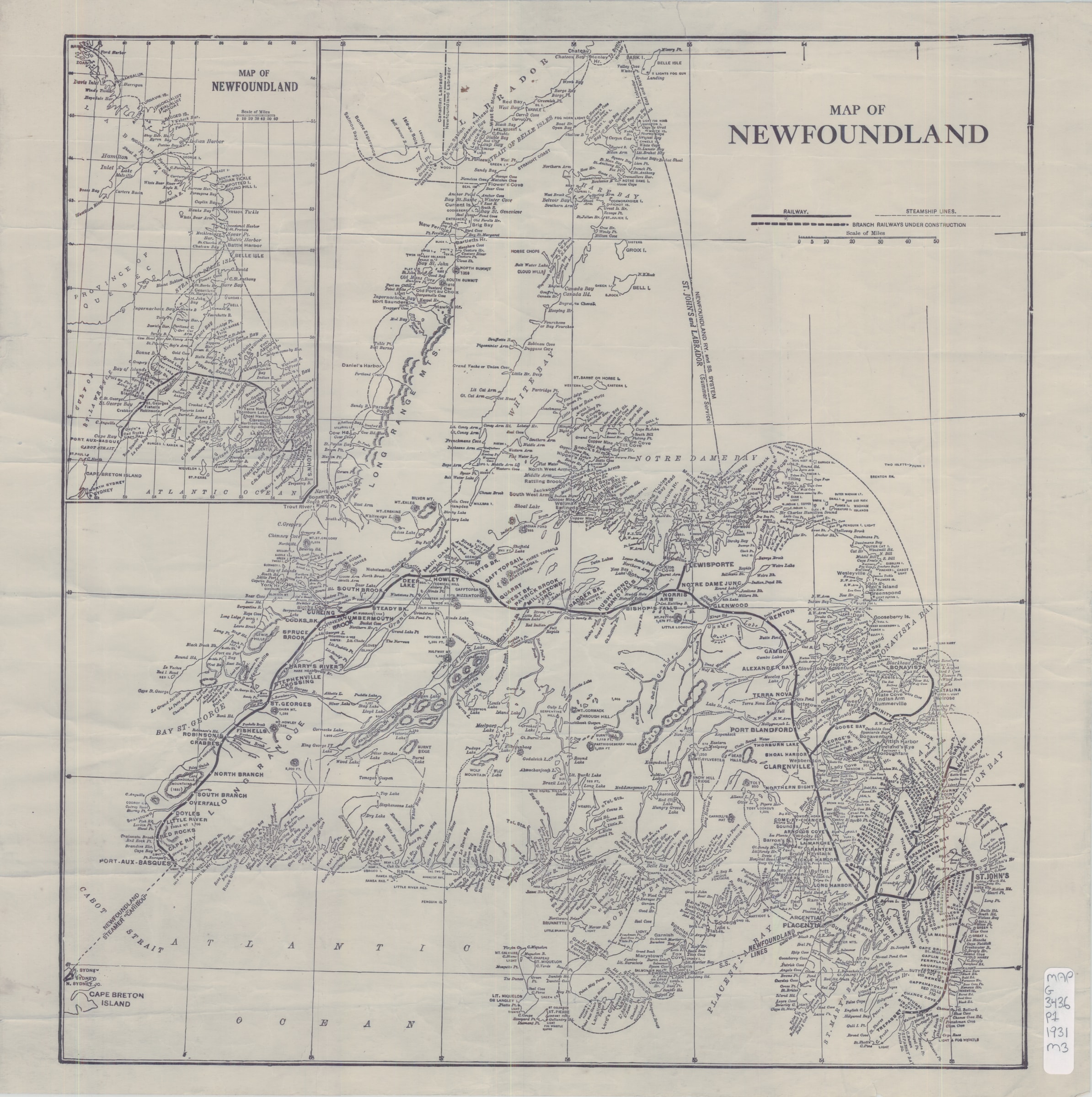 Map of Newfoundland showing railway lines, steamship routes, and branch railways under construction, ca. 1931, with Labrador inset.